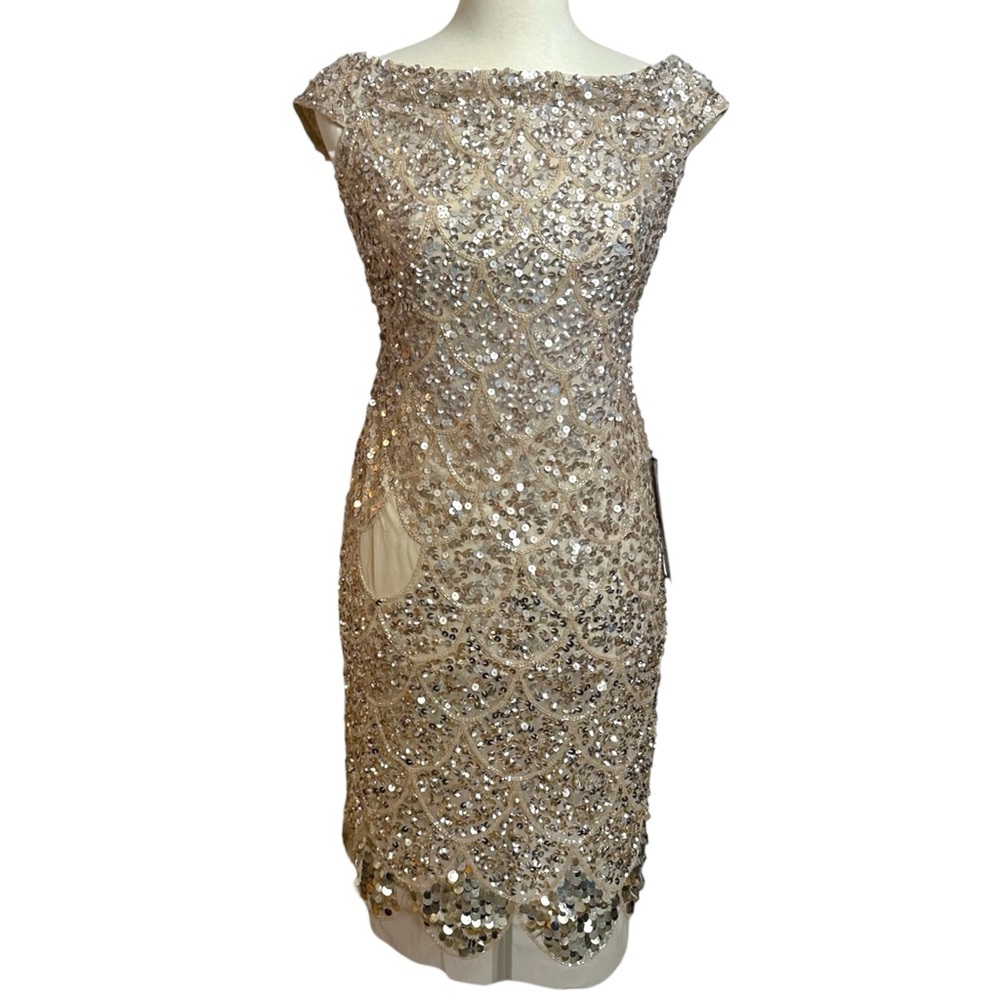 NEW Adrianna Papell Gold Sequin Cocktail Dress Art Deco Beaded Midi Size 0